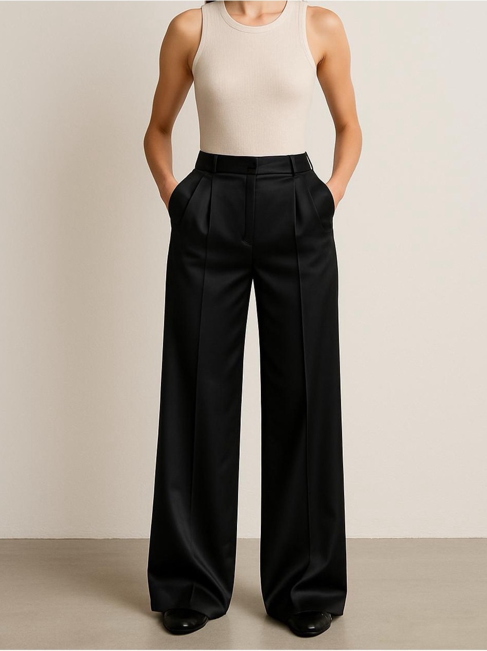 [NWOT] WAYF Black Silky Satin Pleated Wide Leg Flowy Trousers Pants - Size XS